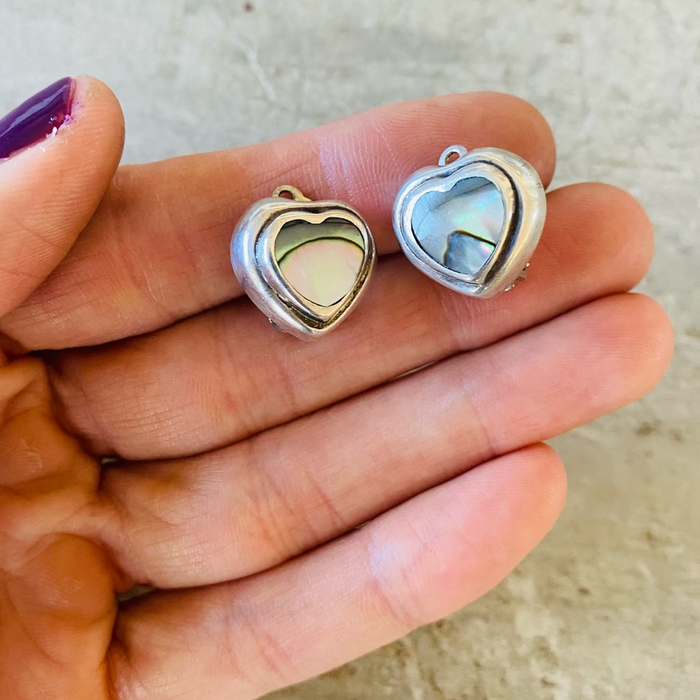 ♥️ Southwestern Style ♥️ Taxco Sterling Silver & Shell Heart Clip Earrings